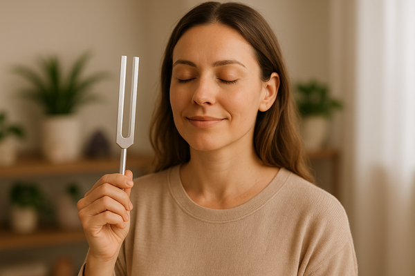 social proof image, eine frau benutzt eine stimmgabel für ihre gesundheit